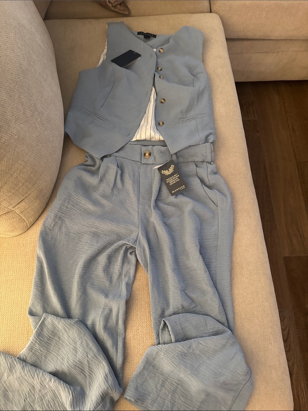 Mango Women's Pale Blue Wide-Leg Pants with Matching Vest